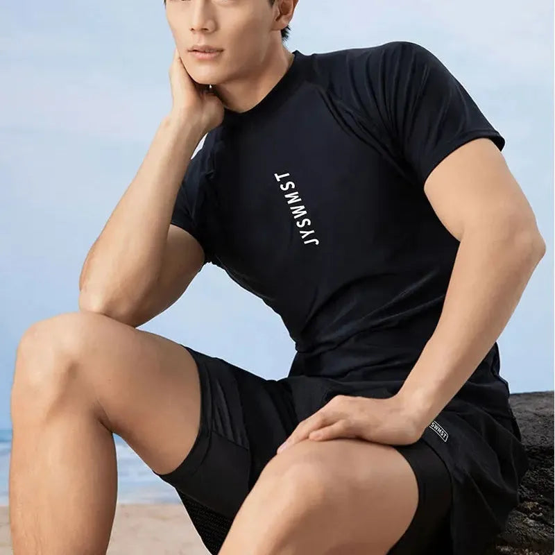 Men's patterned swimsuit set with top and pants in polyester fabric