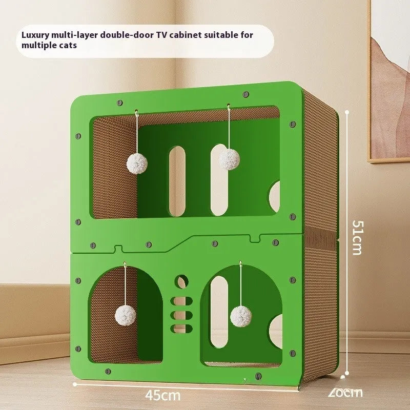 Double layer cat scratching board with built-in nest in owl design style