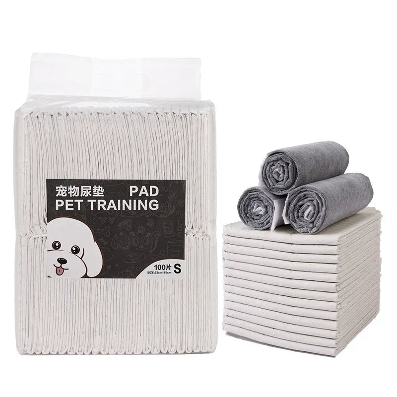 Pack of pet urinal pads showing different sizes and models including bamboo charcoal variant