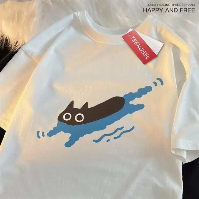 T Diving Black Cat printed short sleeve T-shirt in pure cotton, shown in straight cut fit.