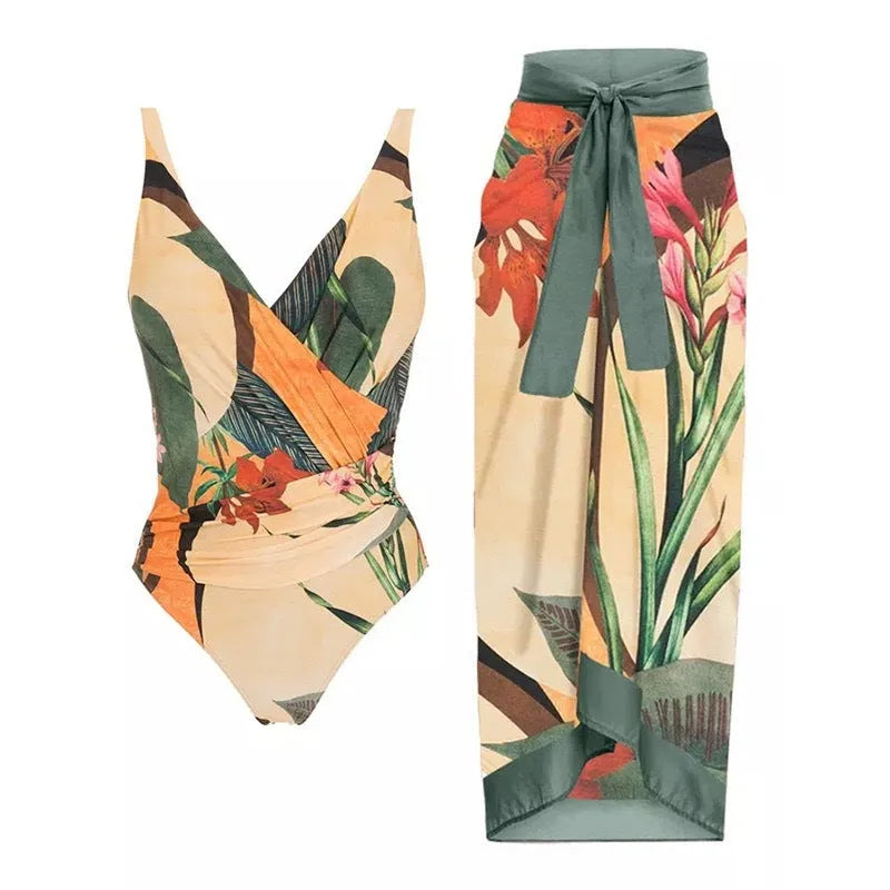 Solid colour women's one-piece swimsuit with thin spaghetti straps and a matching detachable skirt.