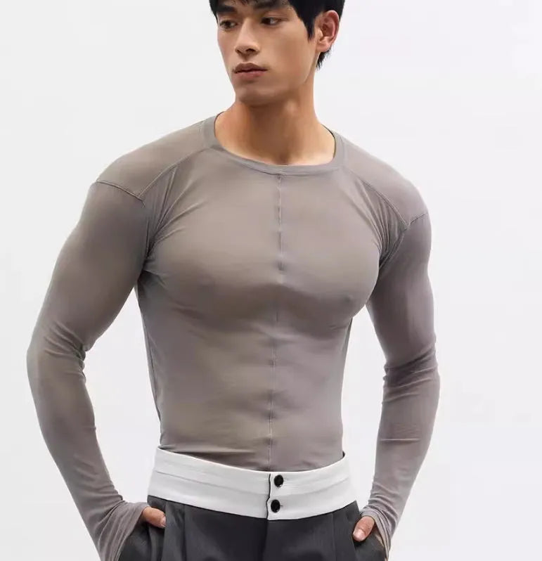 Black mesh see-through texture slim-fit long sleeve pullover with round collar