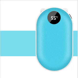 Rechargeable mini hand warmer and power bank device showing compact design with USB port and digital display