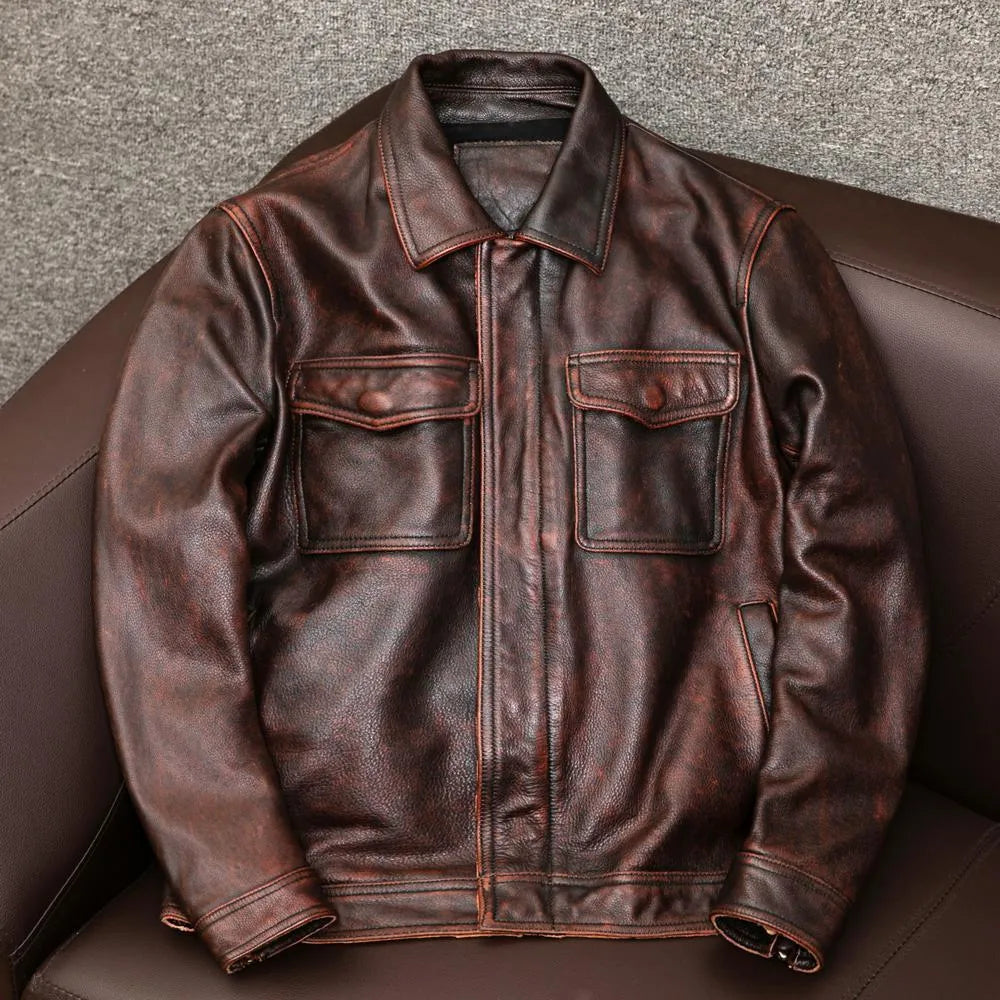 Plus size men's lapel short leather jacket in black or brown with side seam pockets