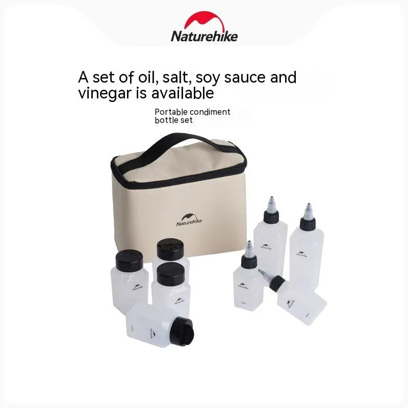 Naturehike six-piece portable seasoning bottle set made from white PP plastic for outdoor and kitchen use.
