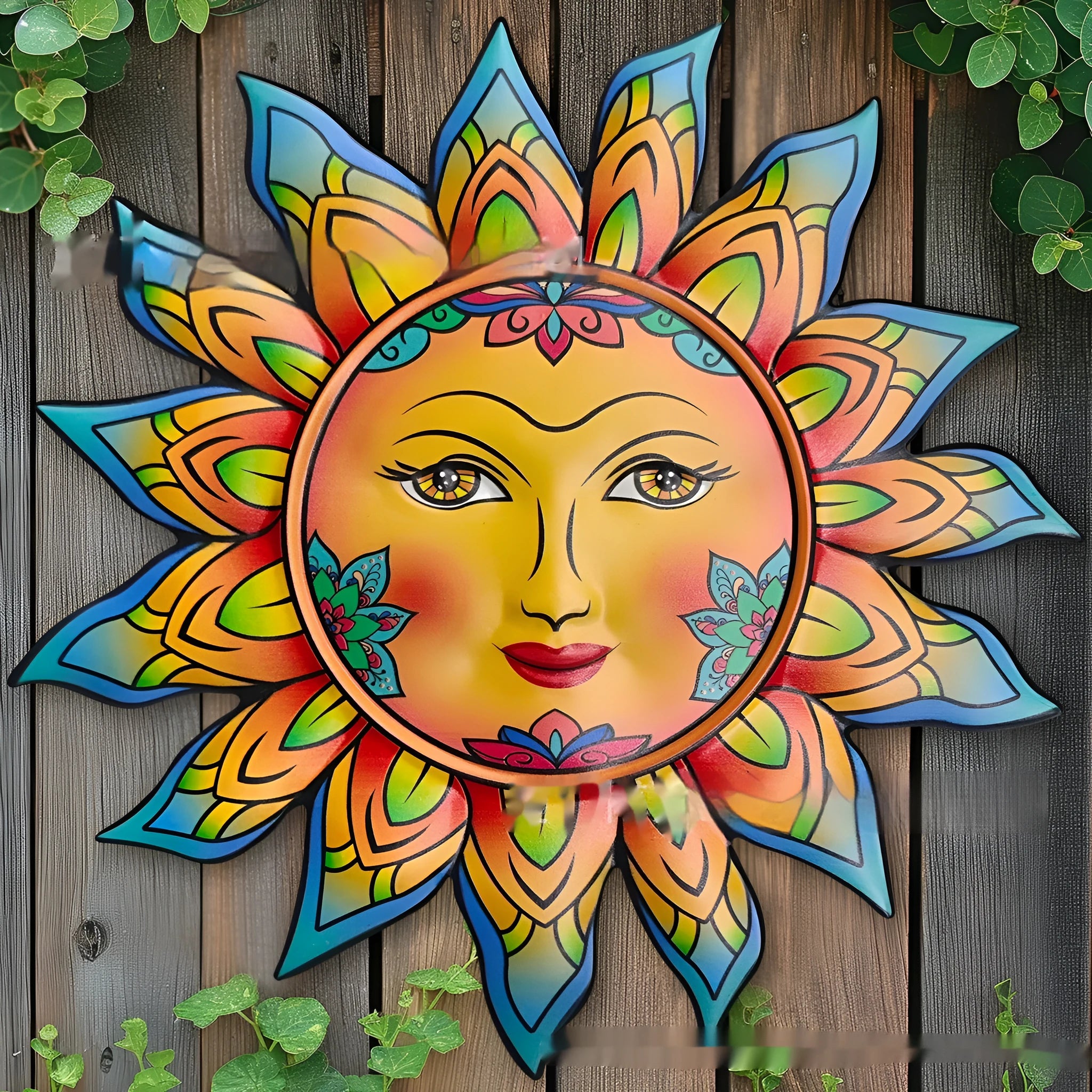 Iron sun face wall hanging ornament with ornate ray detailing
