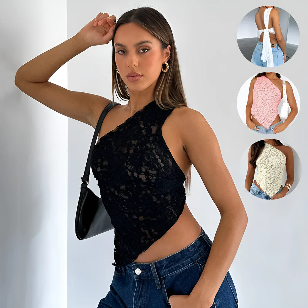 Women's lace backless sleeveless top with asymmetrical neckline in solid colour options