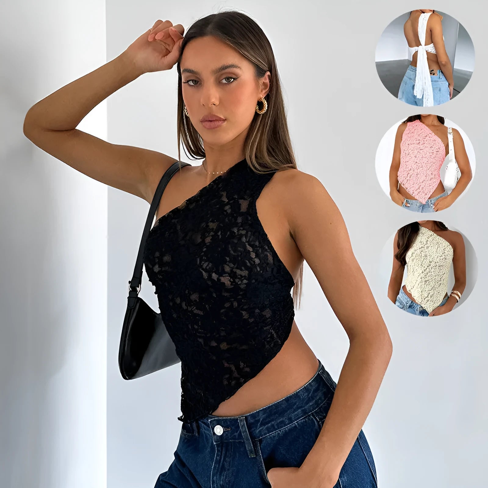 Women's lace backless sleeveless top with asymmetrical neckline in solid colour options