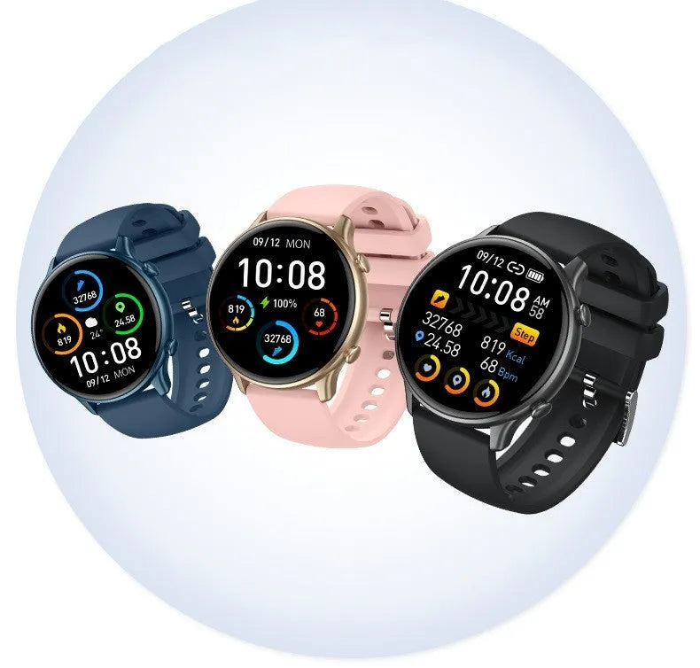 Round touch screen smart sports watch with heart rate monitor and silicone strap in black, blue or pink