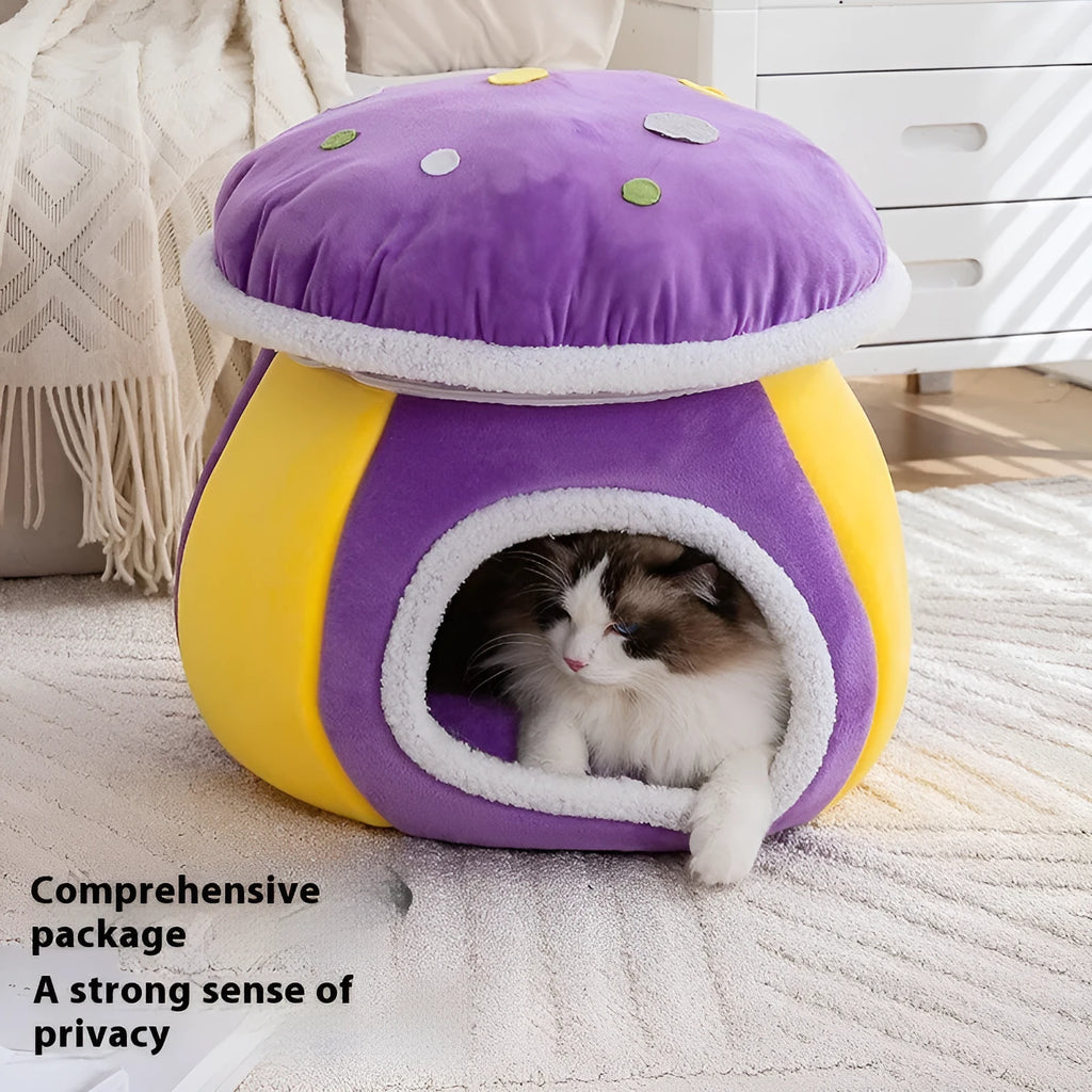 Mushroom-shaped plush cat bed in purple, pink, or grey colours