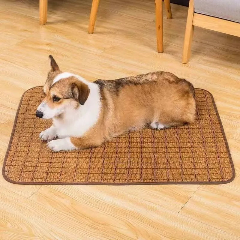 Brown woven rattan fibre dog cooling mat shown in a large size for summer use.