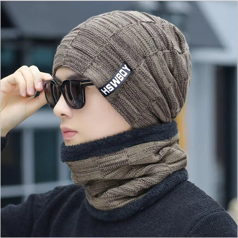 Cotton knitted men hats set with curling detail and letter pattern in black, grey, khaki, navy, and red