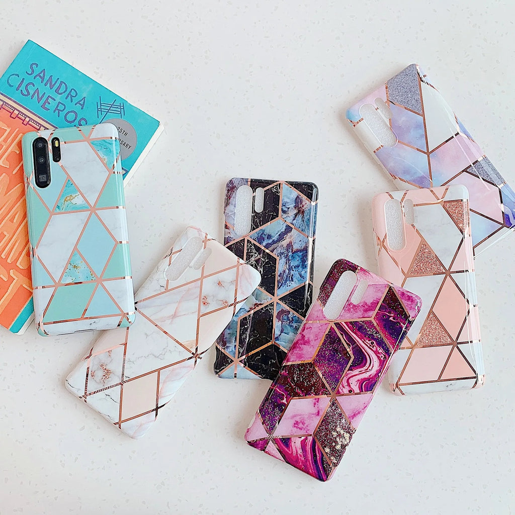 Electroplated marble finish TPU back cover case for Huawei and Samsung smartphones in multiple colours.