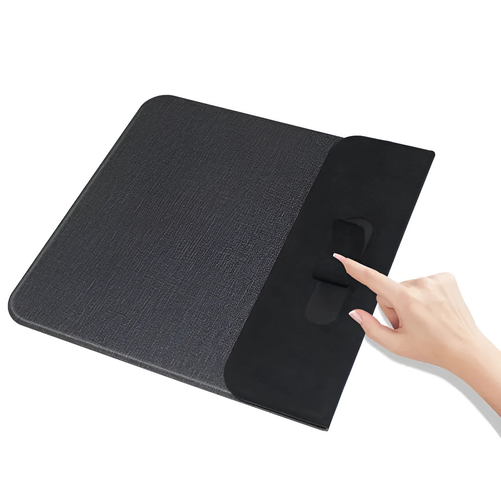 A grey foldable cloth phone holder open as a stand, with a smartphone charging on it.