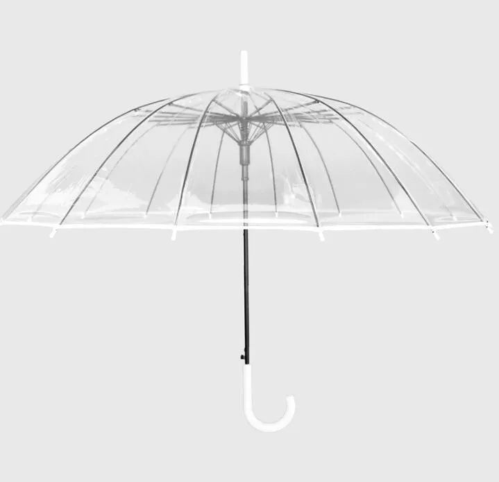 Big long handle transparent umbrella with 16 ribs, POE fabric canopy, ABS plastic handle, and black steel skeleton in black colour