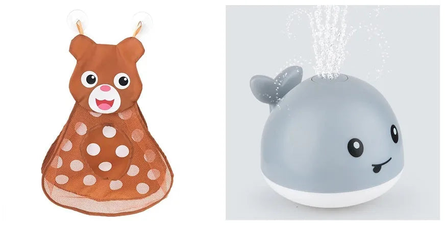 Blue and white whale bath toy with water spray and flashing lights for baby sensory play