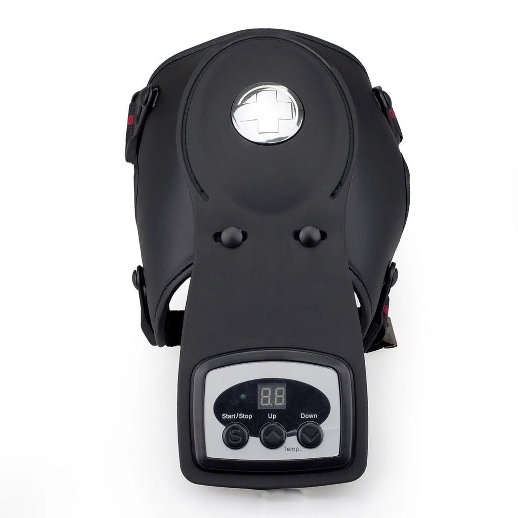 Knee and shoulder massager unit with infrared heat function and adjustable temperature control.