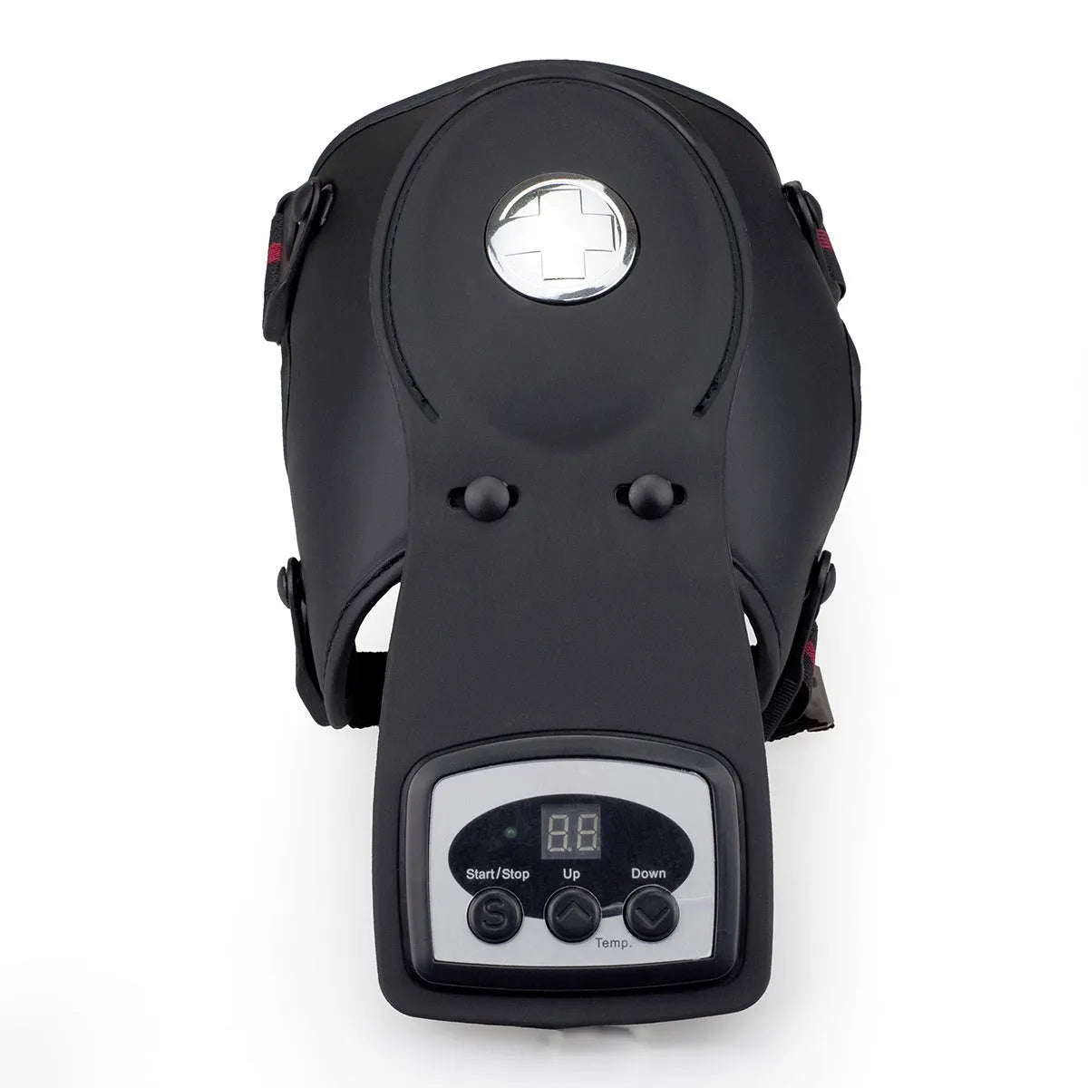 Knee and shoulder massager unit with infrared heat function and adjustable temperature control.