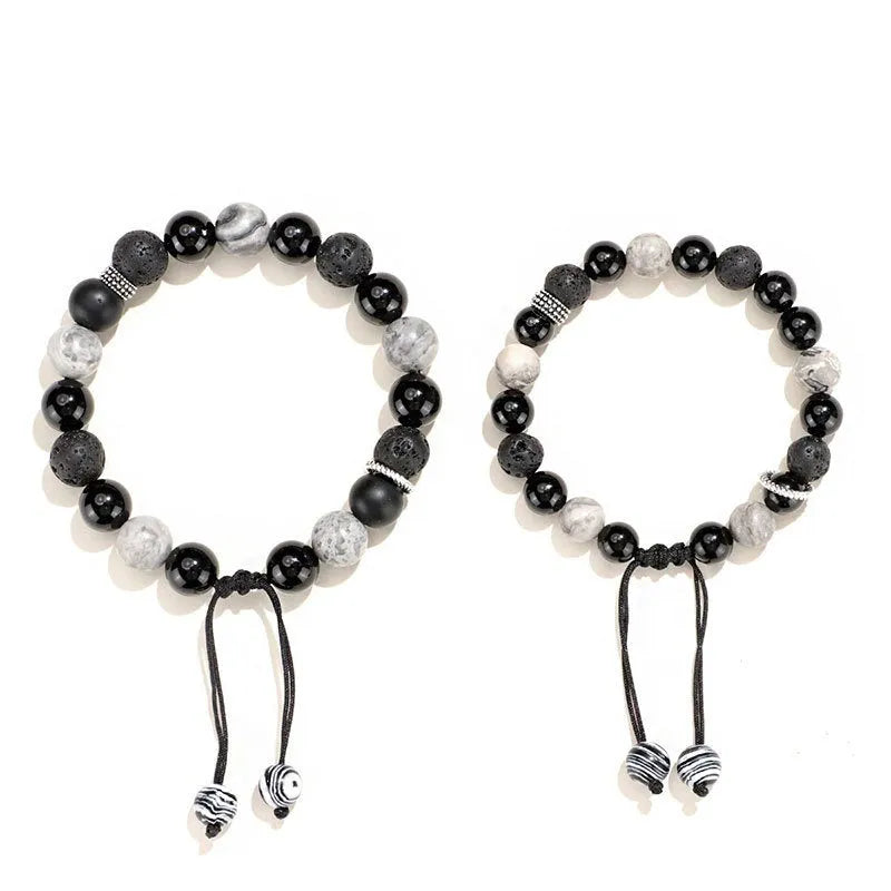 Black agate map stone bracelet with diamond shape design in New Chinese style.