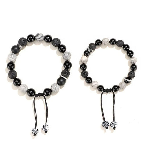 Black agate map stone bracelet with diamond shape design in New Chinese style.