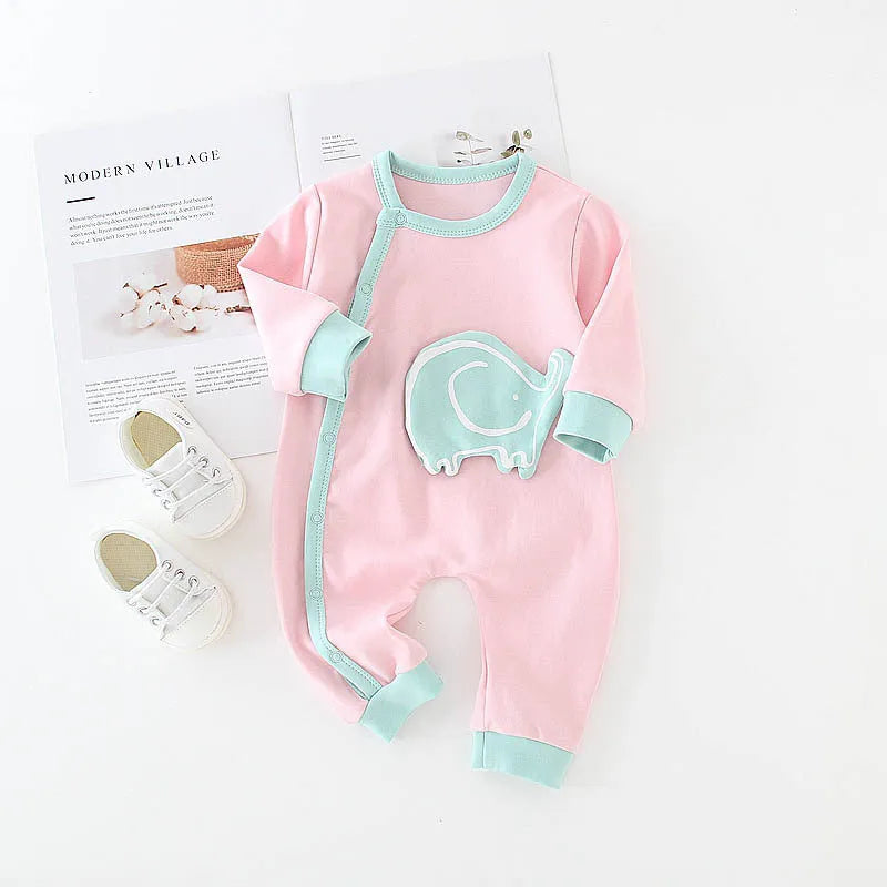 Baby cotton long sleeve romper with diagonal button closure in blue house print