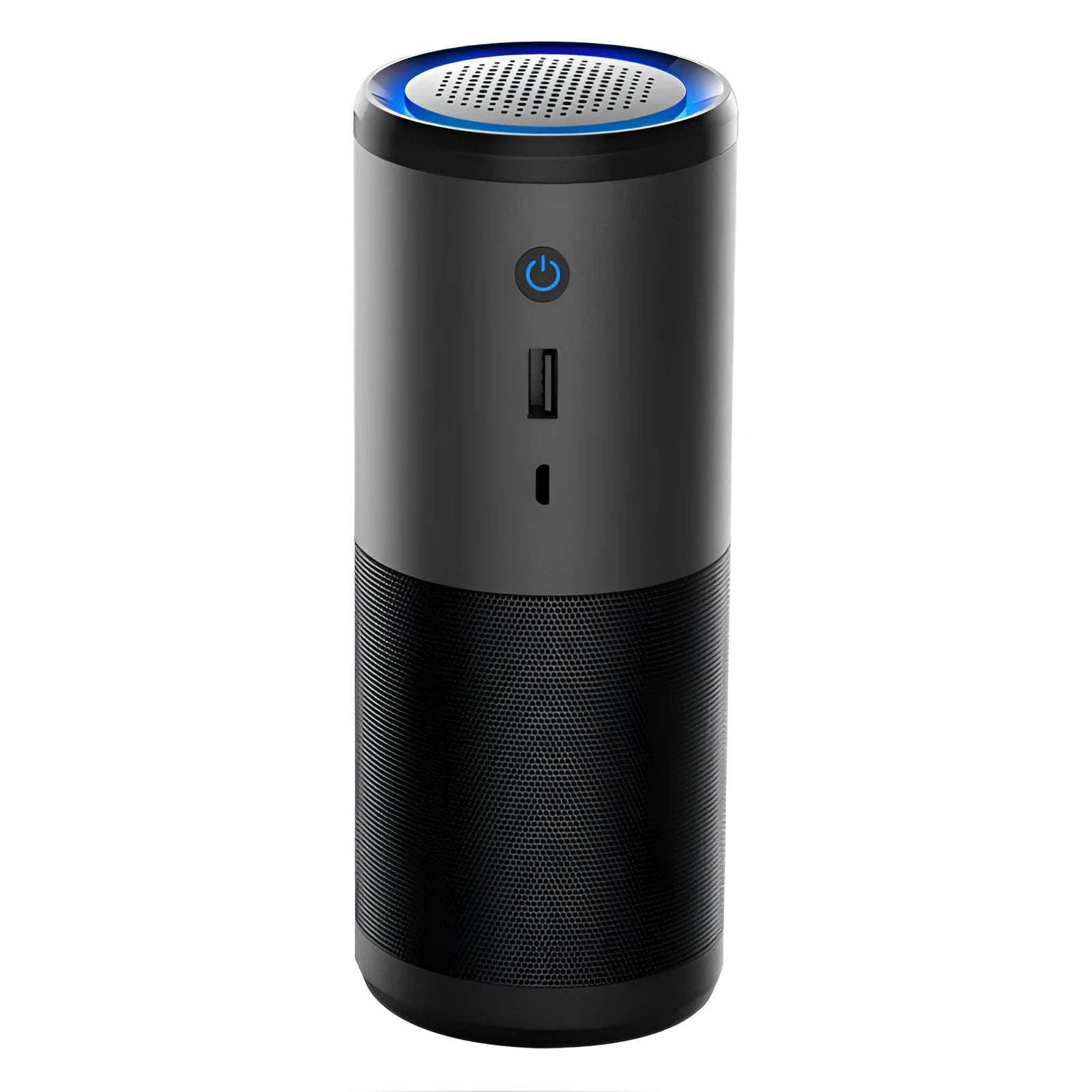 Black portable mini car air purifier with metal body and coloured light display on a desk