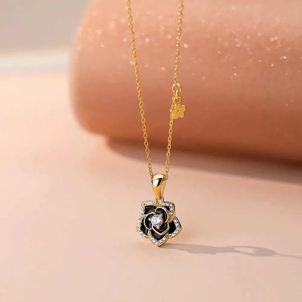 S925 sterling silver camellia necklace with zirconium inlay white gold finish on cross chain
