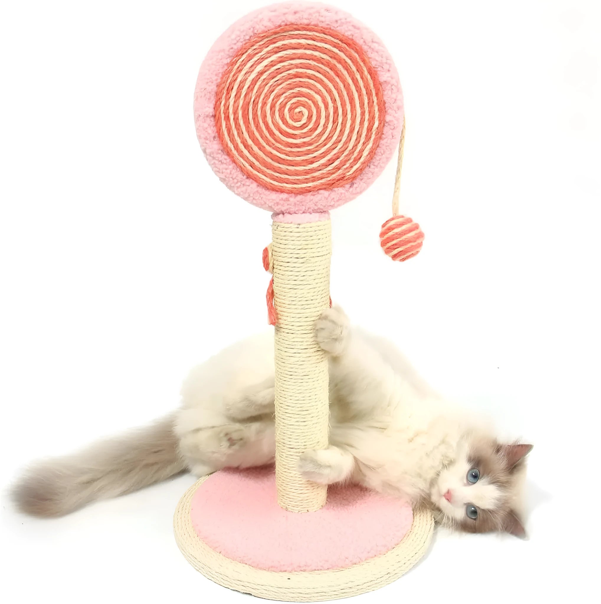 Blue sisal rope cat scratching post with hanging ball toy on a sturdy wooden base