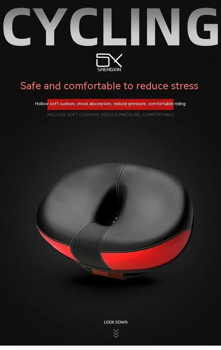 Red mountain bike saddle with thickened cushioning and reflective stickers, showing 210x270mm dimensions