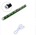 Three 5mW green laser pointer pens in black, camouflage, and white colours with visible beam demonstration