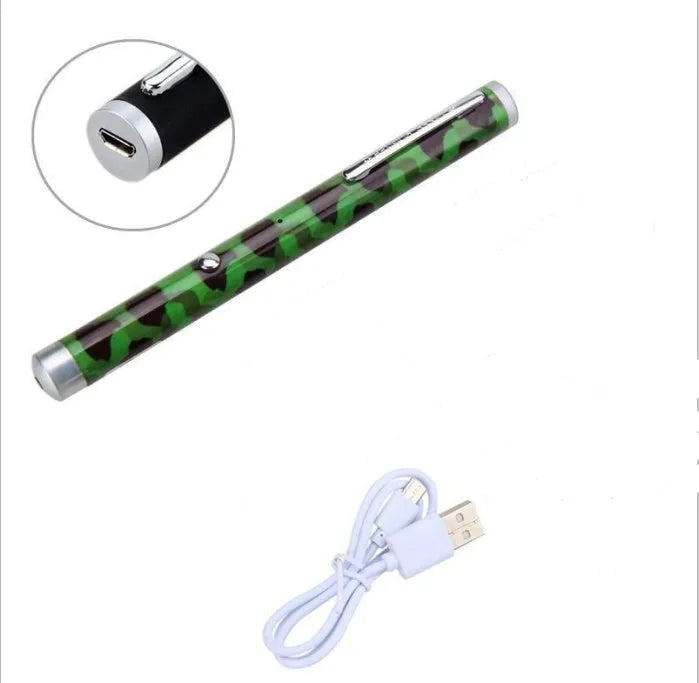 Three 5mW green laser pointer pens in black, camouflage, and white colours with visible beam demonstration