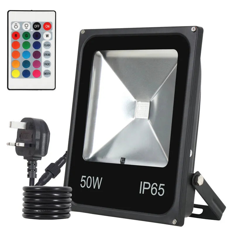Black aluminium LED flood light with RGB colour changing capability for outdoor advertising and building lighting