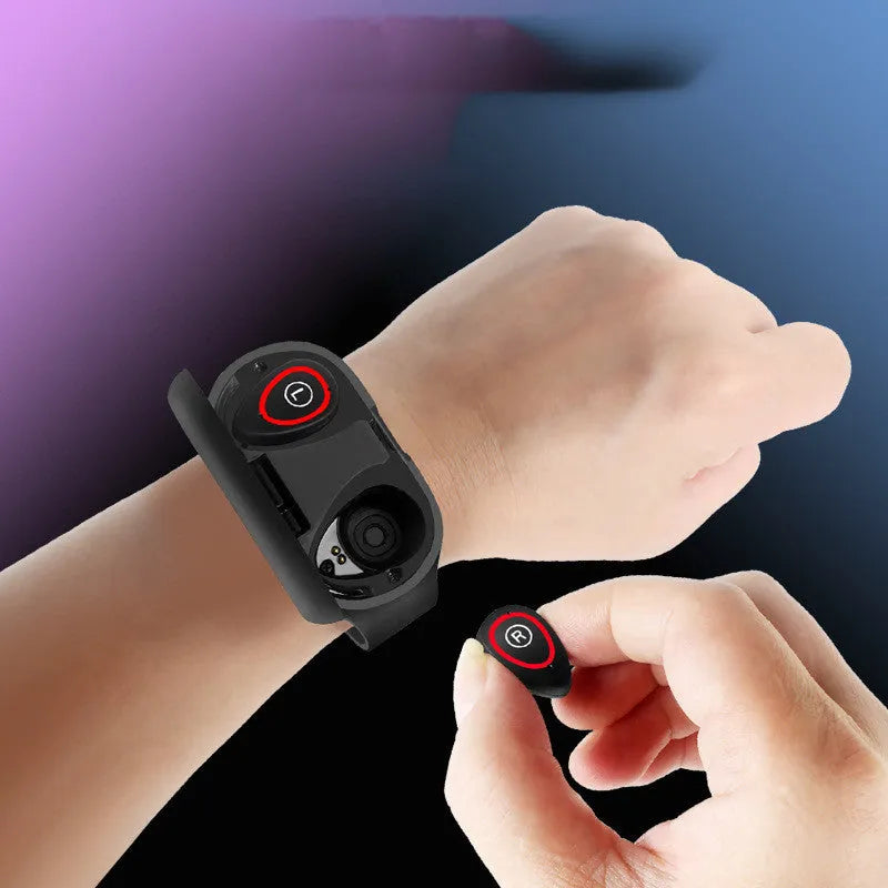Smart bracelet earphone combo with 1-inch touchscreen in black, blue, or red silicone wristband