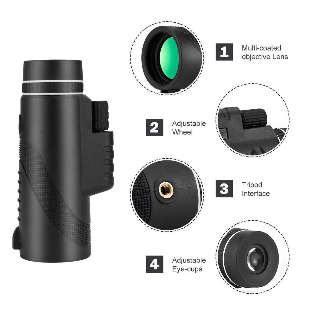 Black HD 40x60 cellphone telescope with smartphone attachment for 40x magnification observation