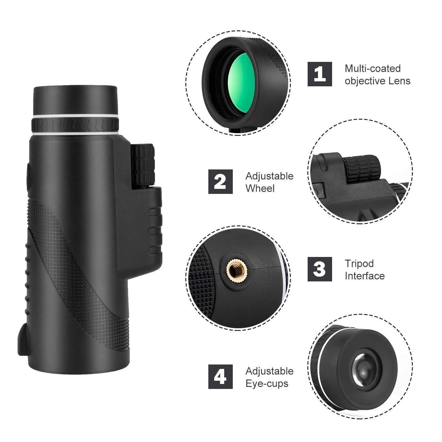 Black HD 40x60 cellphone telescope with smartphone attachment for 40x magnification observation