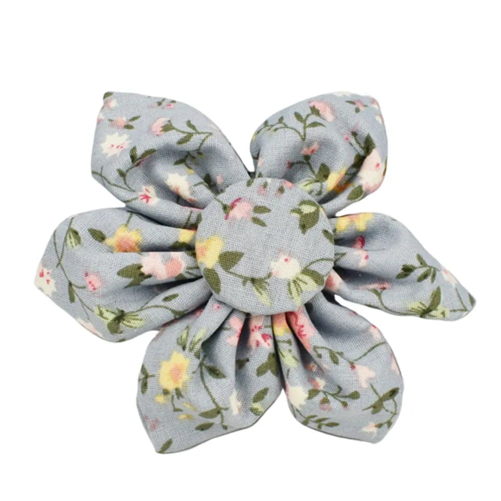 Blue floral polyester cotton dog collar set with matching leash, vest, bow and accessories