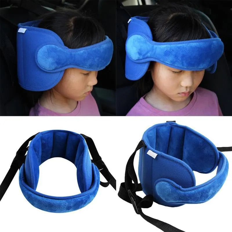Child car seat head support in blue with hook and loop neck strap and rear waistband