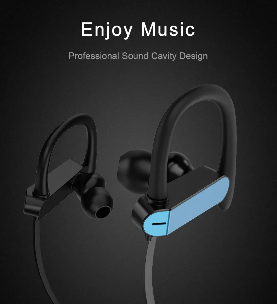 Black and blue sport earphones with over-ear hooks and silicone earbuds, showing the in-line microphone.