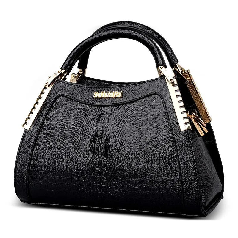 Fashion handbag with embossed crocodile pattern, zipper closure, trapezoid shape, PU material, available in five colours