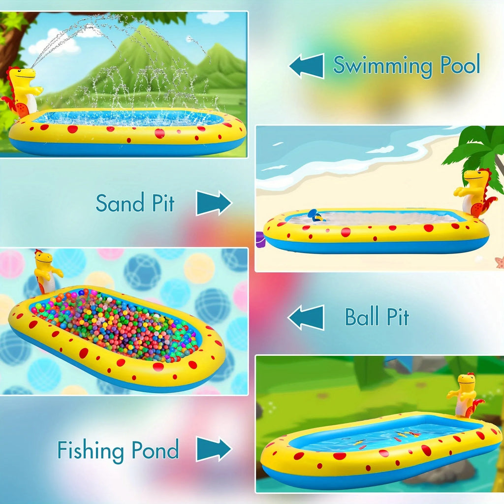 Blue dinosaur inflatable water spray pool with shark design play mat and spray toys