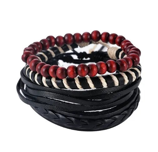 Hand-woven leather bracelet with wooden beads and adjustable closure in punk style