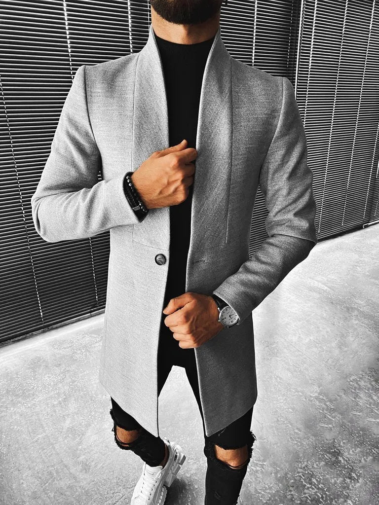 Men's stand-up collar mid-length woolen coat in Grey, front view, available in EU sizes XS to 4XL