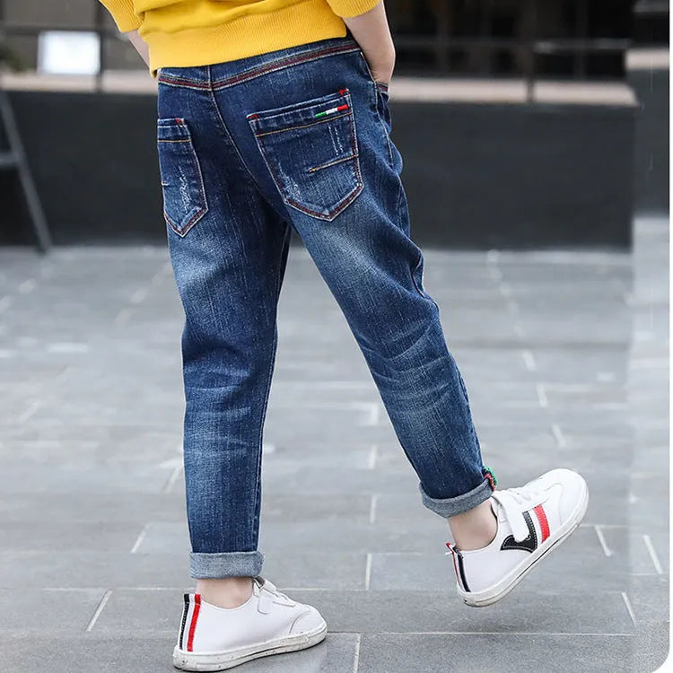 Boys' denim trousers mid-waist blue cotton trousers for children 110-160cm