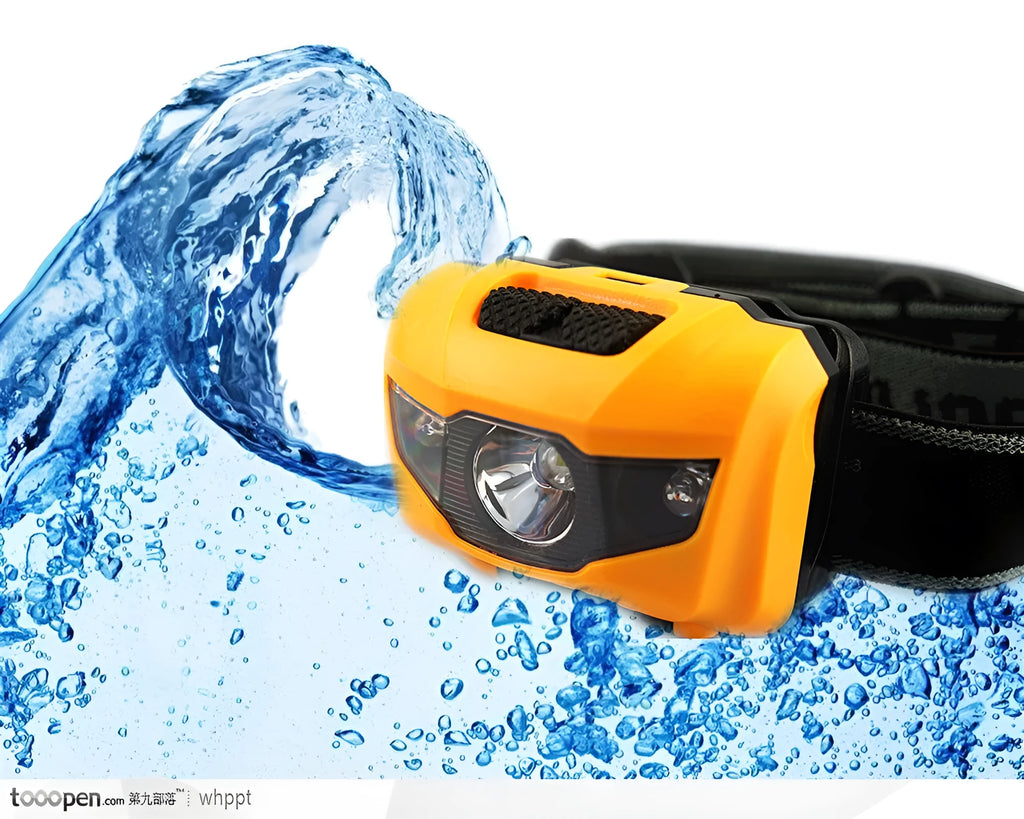 A black waterproof head torch with a central white LED and two smaller red LEDs, mounted on an adjustable headband.