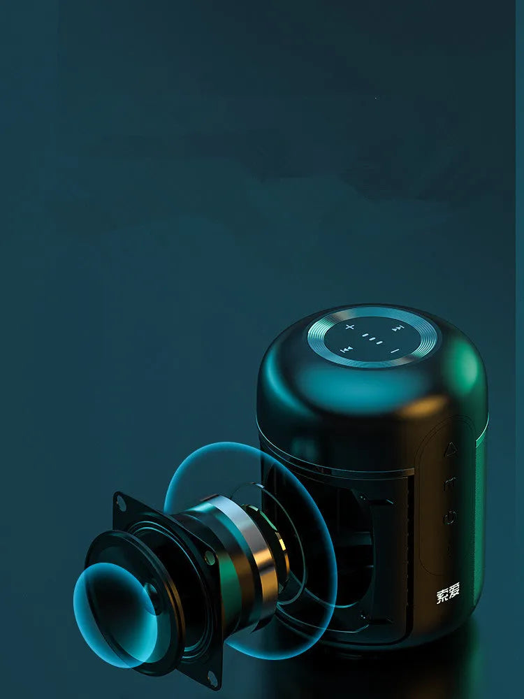Black portable Bluetooth speaker measuring 72mm by 99mm with wireless connectivity and 30W output