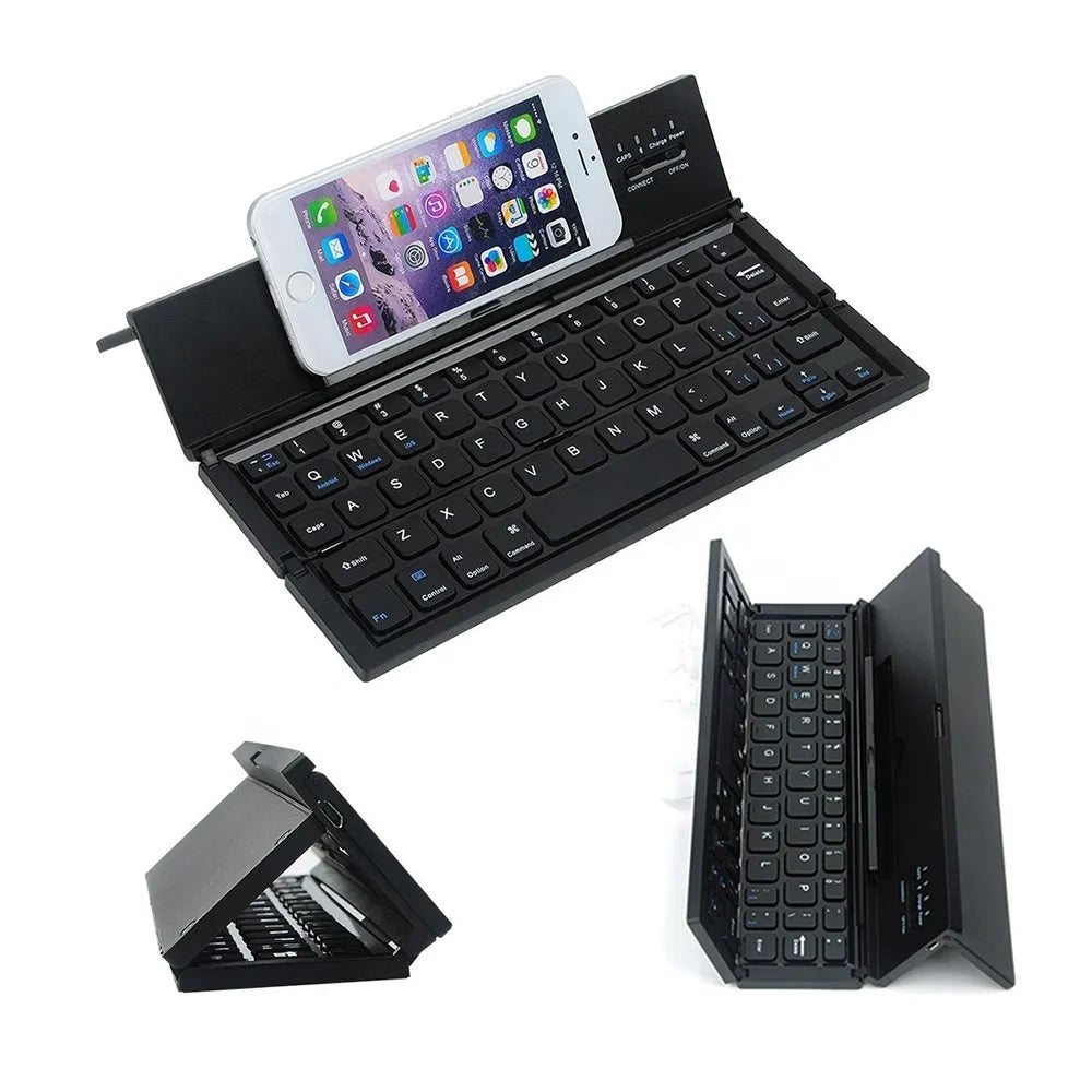 Black folding Bluetooth keyboard for tablets with aluminium bottom cover in open position