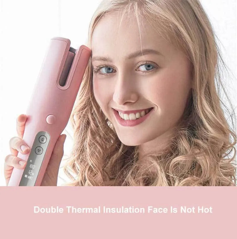 Wireless automatic hair curler with LCD screen, ceramic heating, and USB charging, in pink colour, with storage bag and clips
