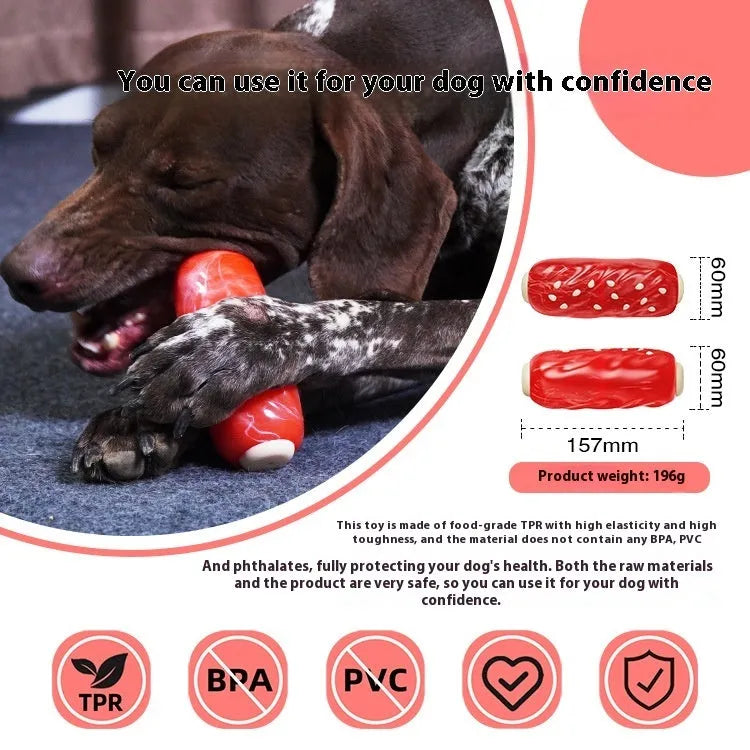 Primary colour plastic dog chew toy with molar rod design and toothbrush texture pattern