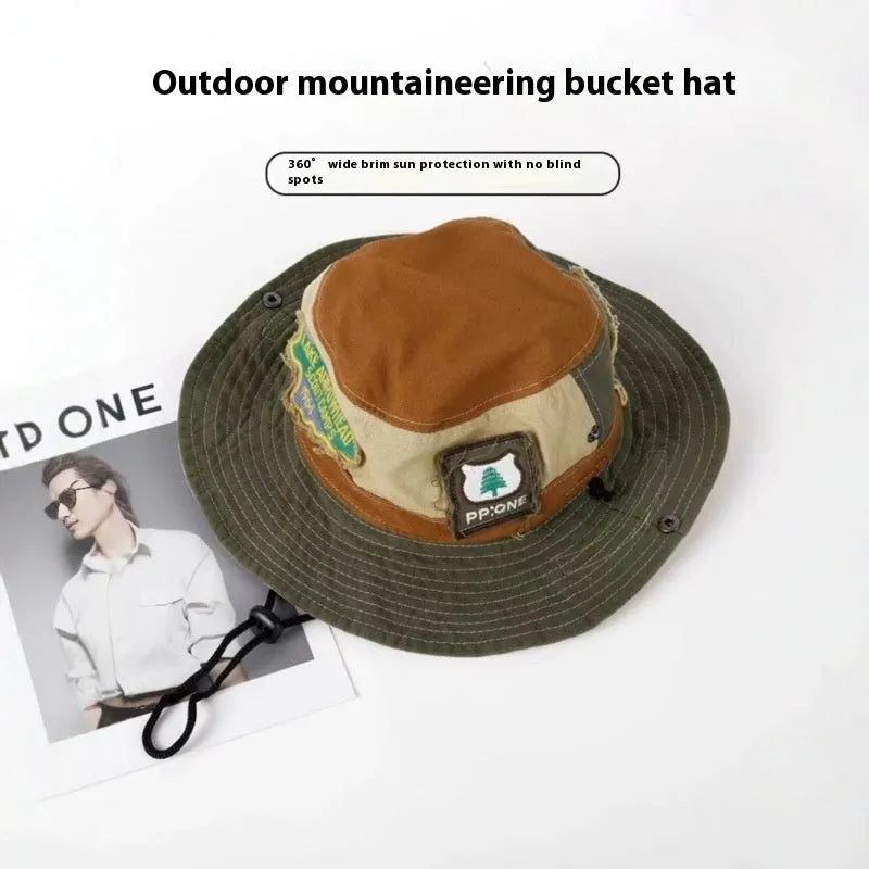 Army Green women's fisherman hat with patchwork design and hand-painted details on cotton fabric
