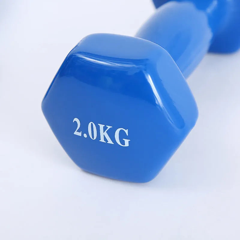 Set of bright colour plastic fitness dumbbells in various weights on a floor.